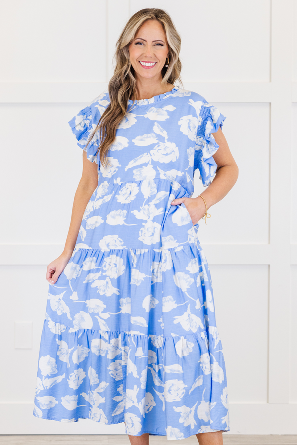 Chic Soul plus size clothing, blue and white floral pattern flutter sleeve dress
