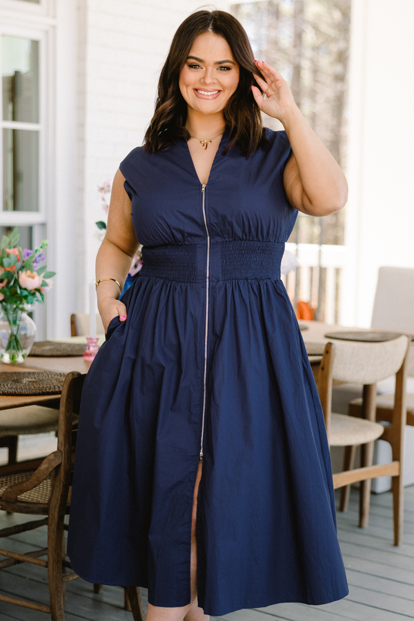 Chic Soul plus size clothing, navy flowy midi dress with cinched and ruched waistline with front zipper closure