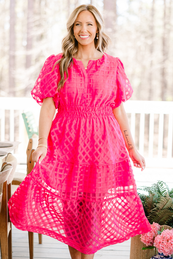 Chic Soul plus size clothing, pink midi dress with puff short sleeves and abstract mesh pattern and elastic waistband 