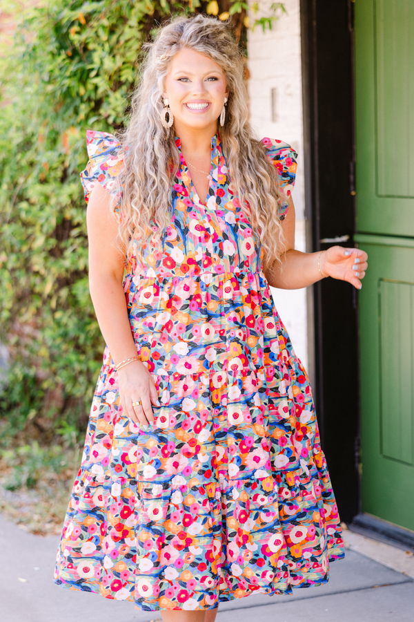 Chic Soul plus size clothing, pink multi short sleeve midi dress with multi floral pattern with ruffle detail on sleeves with v neckline