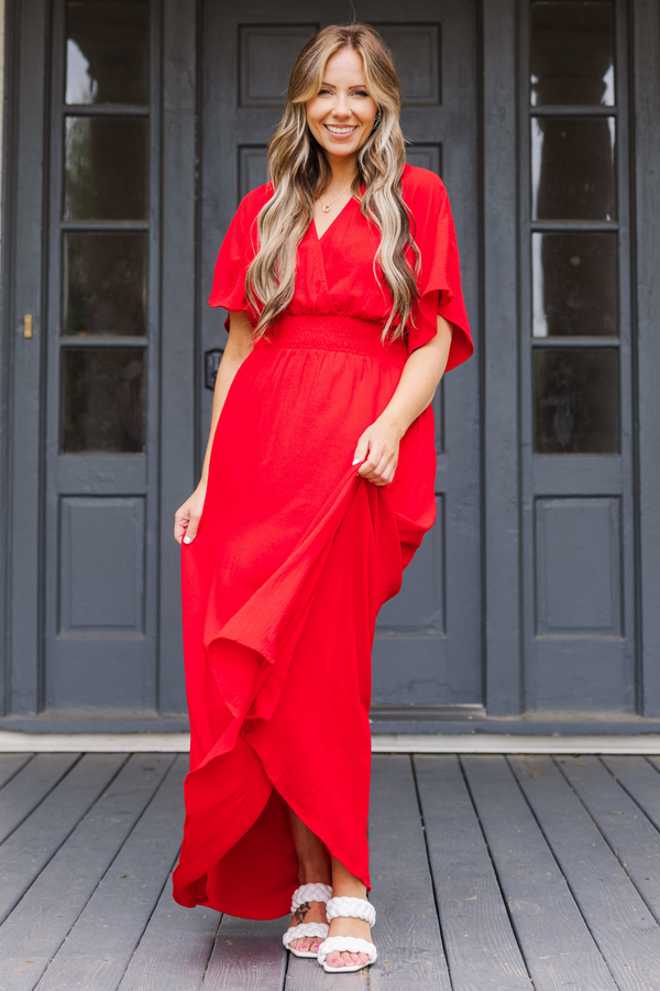Chic Soul plus size clothing, red short sleeve maxi dress with smocked cinched waist detail with flutter sleeves and v neckline