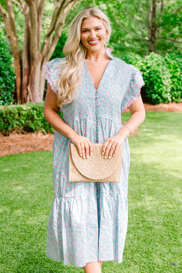 Chic Soul plus size clothing, sky blue button-up midi dress with a pink floral patten and flutter sleeves 