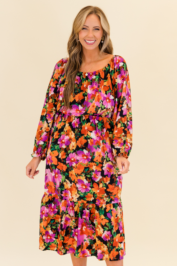 Chic Soul plus size clothing, puffed-quarter-sleeve black ruffled maxi dress with orange and purple floral pattern and square neck-line 