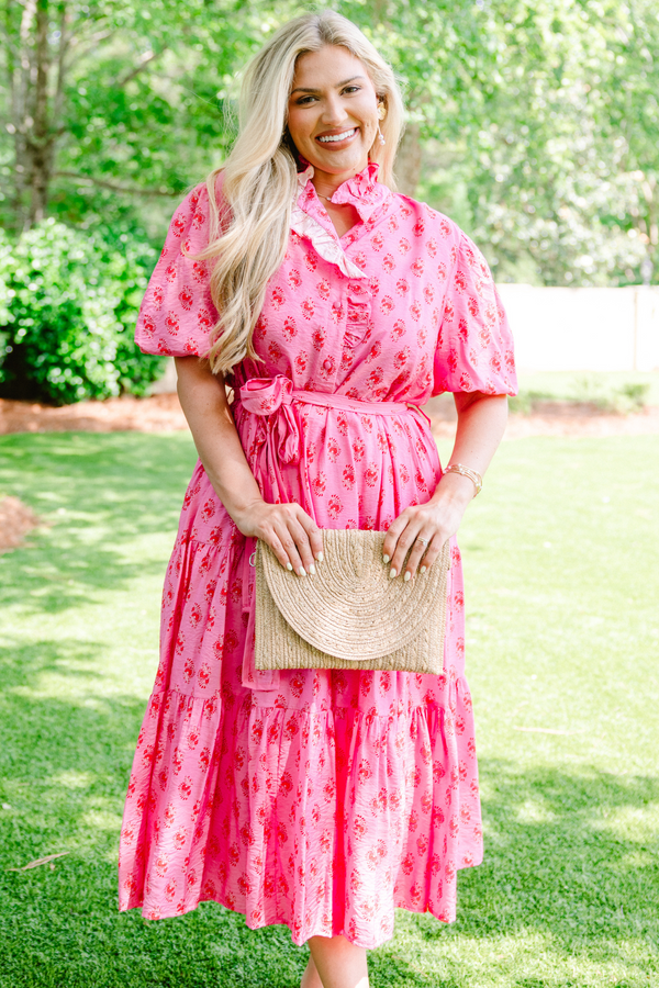 Chic Soul Plus size clothing, fuchsia tiered midi dress with a block pattern and a belt around the waist  