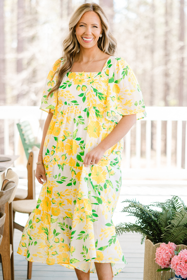 Chic soul plus size clothing, yellow short sleeve maxi dress with floral print and square neck line 