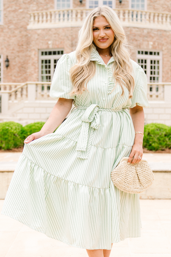 Chic Soul plus size clothing, white and green vertical stripe short puff sleeve midi dress with waist tie, collar, and buttons down the top