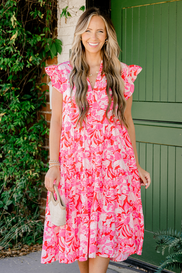 Chic Soul plus size clothing, pink tropical printed short sleeve midi dress with v cutout along neckline with ruffle sleeves and tiered detail