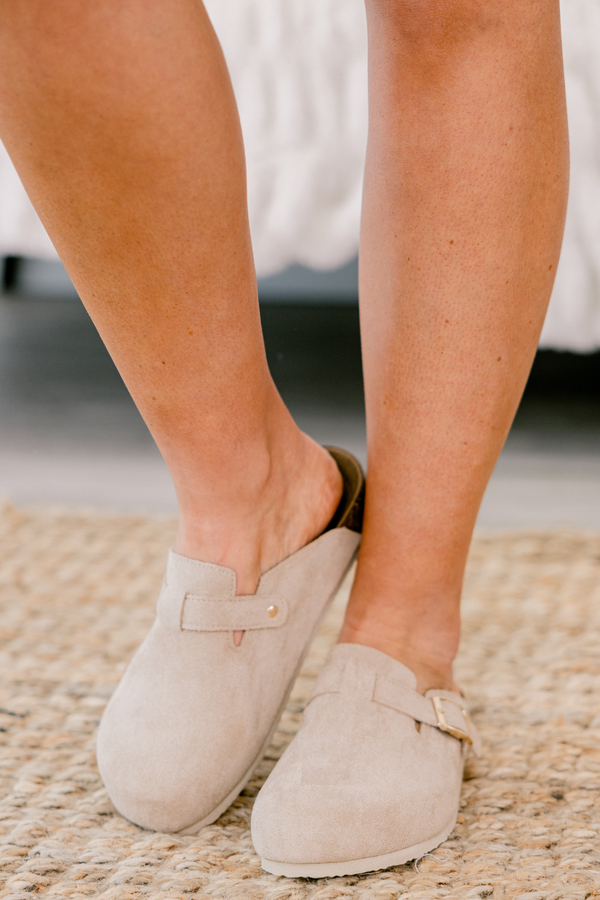 Chic Soul plus size clothing, sand colored mules with gold buckle accents 