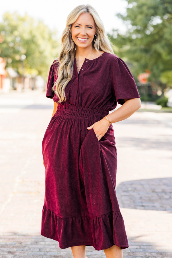 Chic Soul plus size clothing, short-sleeve plum purple ruffled midi dress with buttoned neckline and smocked waistline