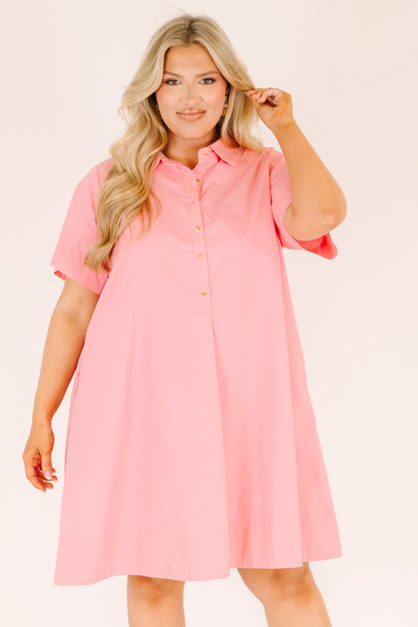 Chic Soul plus size clothing, bright pink short sleeve a-line half button up collared dress