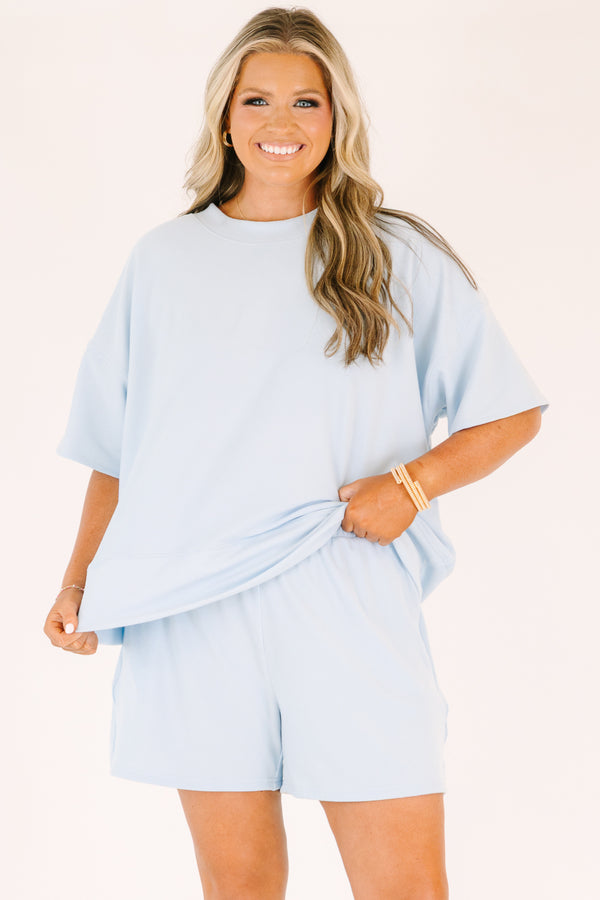 Plus Size light blue two-piece set with a ribbed short-sleeve top and matching pull-on shorts.
