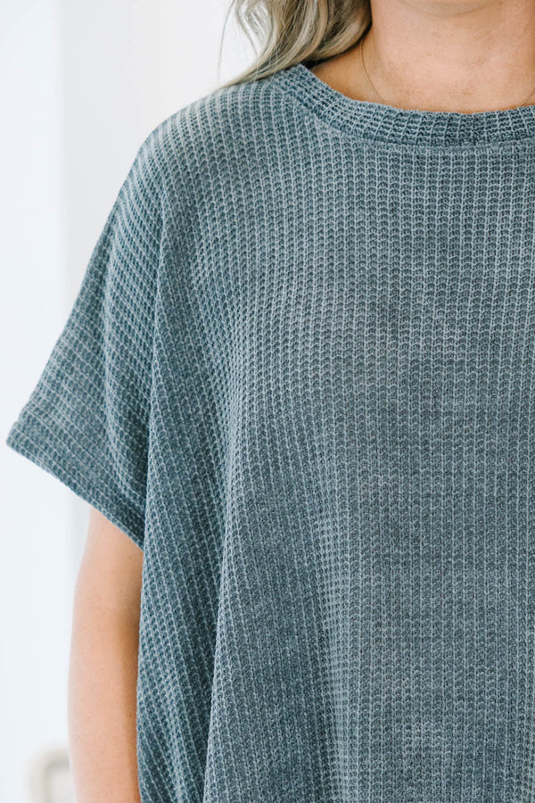 Ash grey textured chenille dolman top with short sleeves and a relaxed, oversized fit.