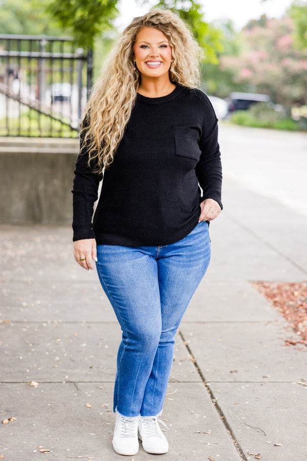 Chic Soul plus size clothing, long-sleeve black knit pullover sweater with patch pocket on bodice and thick stitching detailing