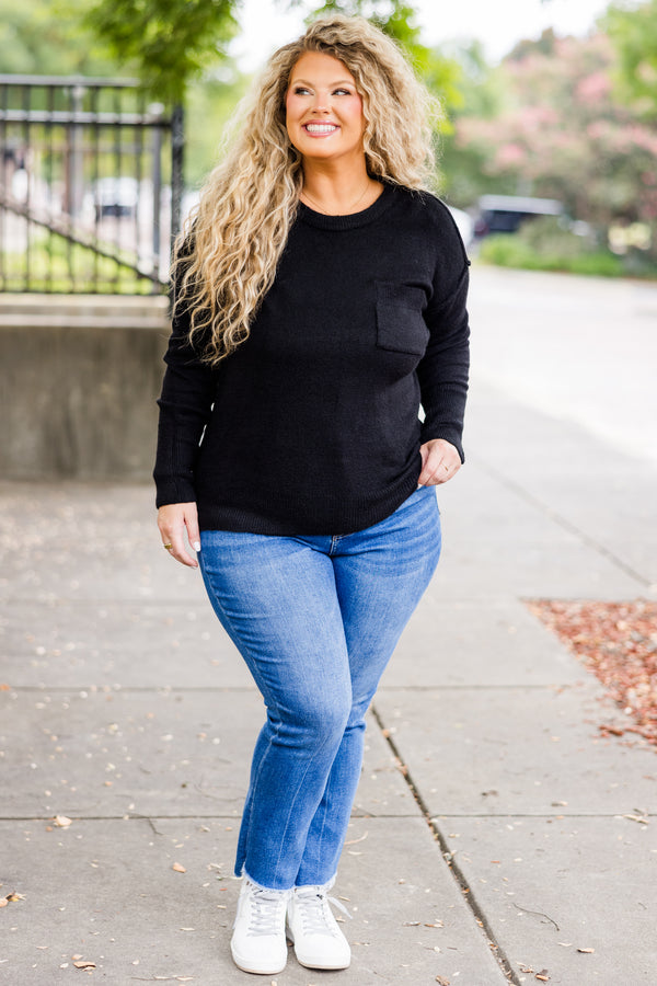 Chic Soul plus size clothing, long-sleeve black knit pullover sweater with patch pocket on bodice and thick stitching detailing