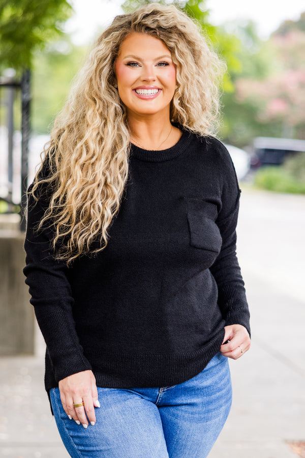 Chic Soul plus size clothing, long-sleeve black knit pullover sweater with patch pocket on bodice and thick stitching detailing