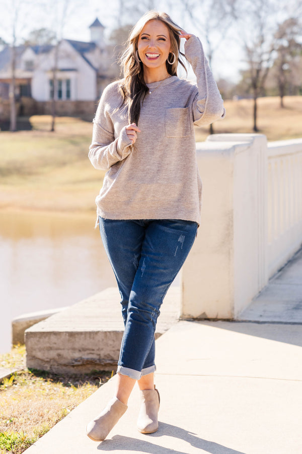 Chis Soul plus size clothing, long sleeve knit pullover with chest pocket in heather mocha