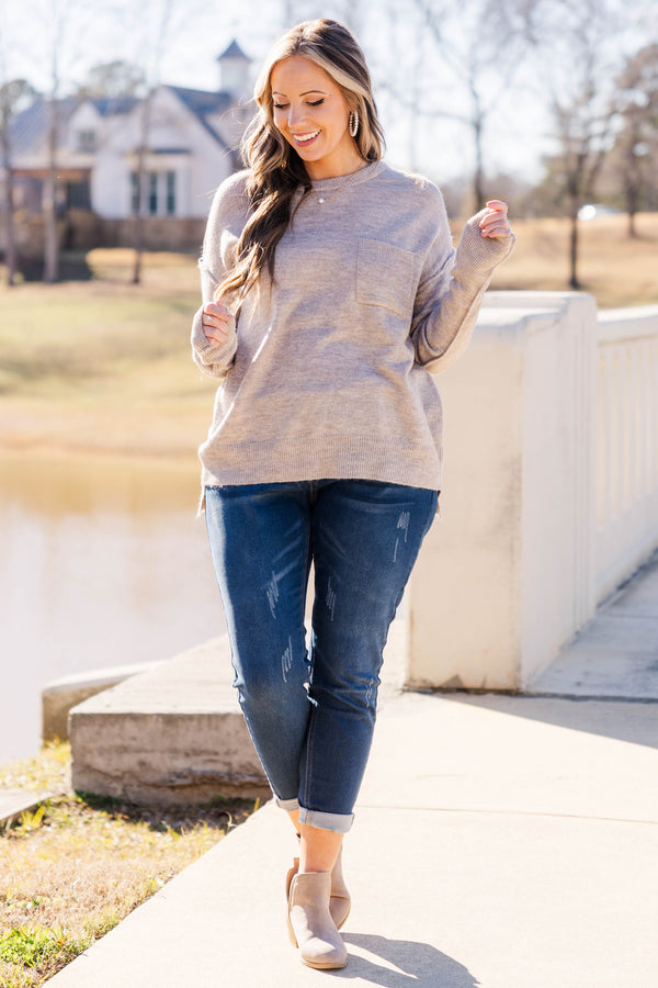Chis Soul plus size clothing, long sleeve knit pullover with chest pocket in heather mocha