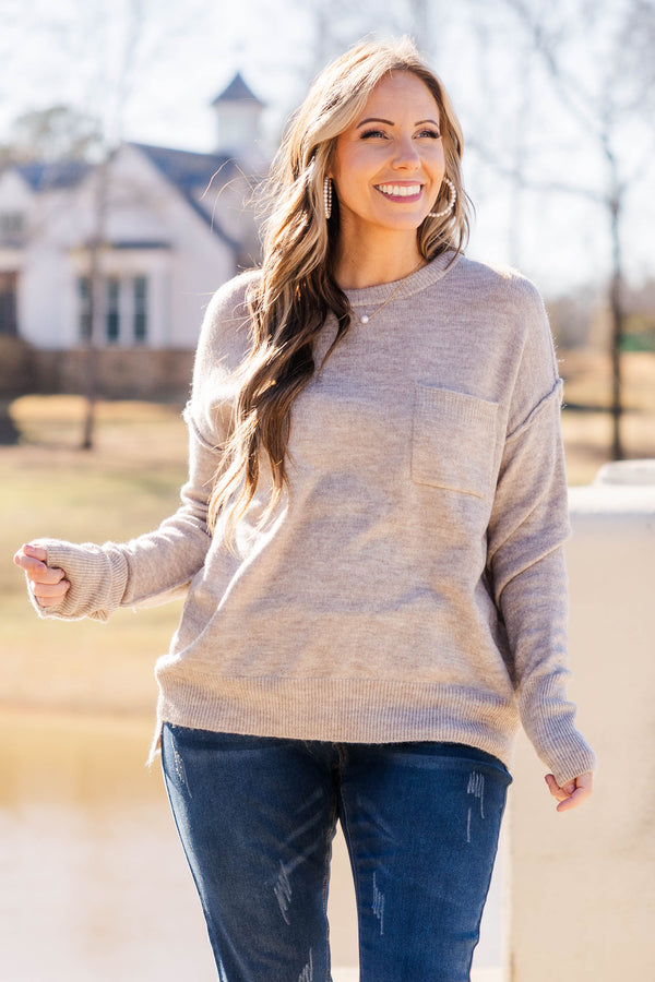 Chis Soul plus size clothing, long sleeve knit pullover with chest pocket in heather mocha