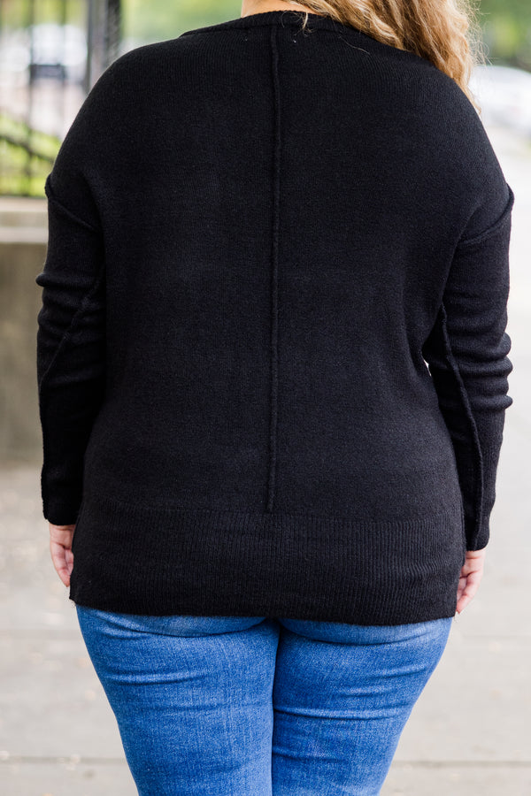 Chic Soul plus size clothing, long-sleeve black knit pullover sweater with patch pocket on bodice and thick stitching detailing