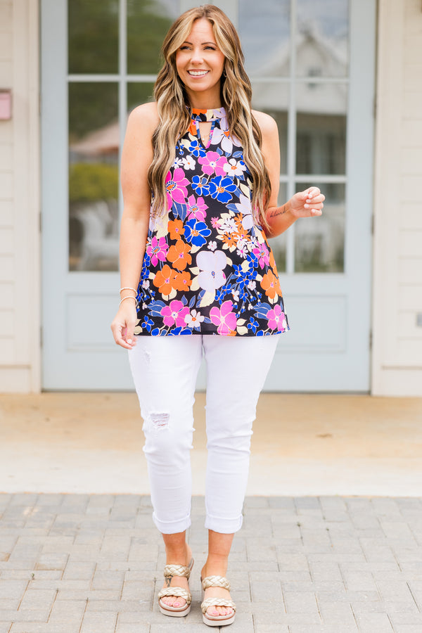 Chic Soul plus size clothing, sleeveless black/neon pink tan with small keyhole cut out with a high-neckline and floral details