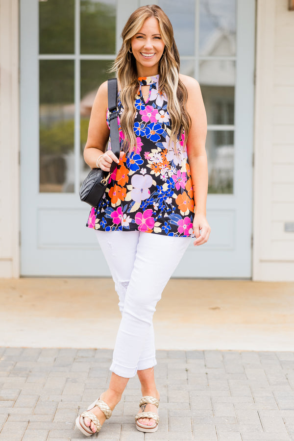 Chic Soul plus size clothing, sleeveless black/neon pink tan with small keyhole cut out with a high-neckline and floral details