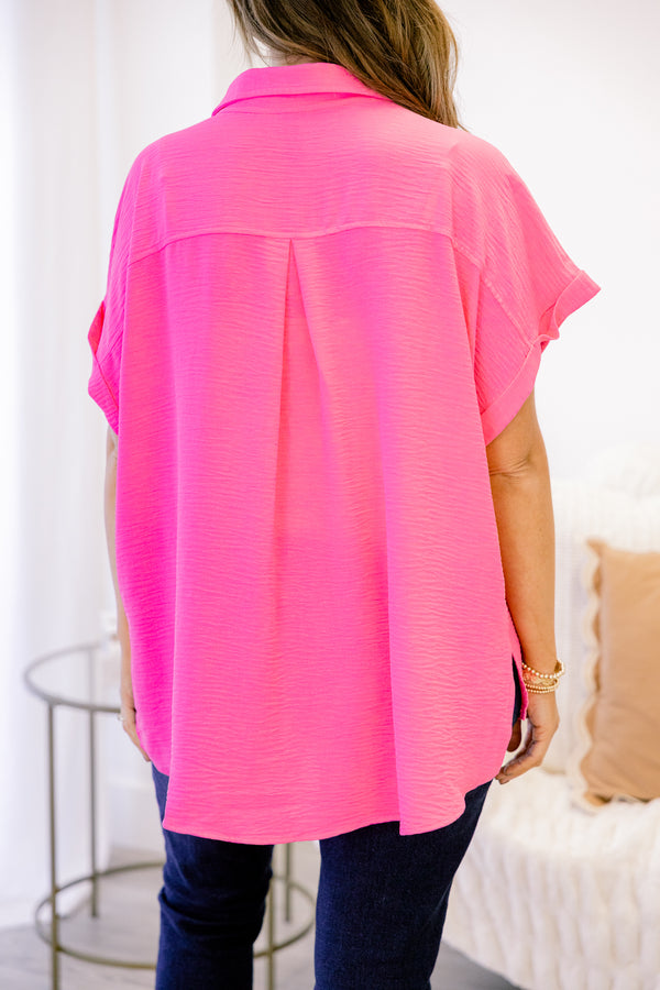 Chic Soul plus size clothing, neon fuchsia button down collared top with front pocket and cuffed sleeves
