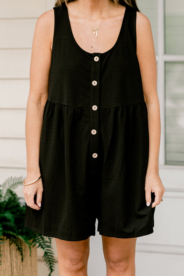 Chic Soul plus size clothing, black tank top romper with five tan buttons down the front