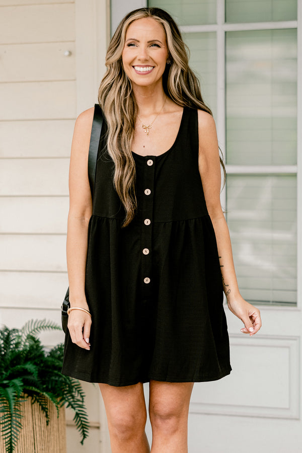 Chic Soul plus size clothing, black tank top romper with five tan buttons down the front
