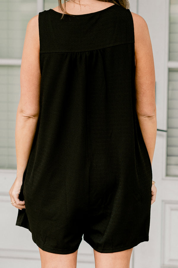 Chic Soul plus size clothing, black tank top romper with five tan buttons down the front
