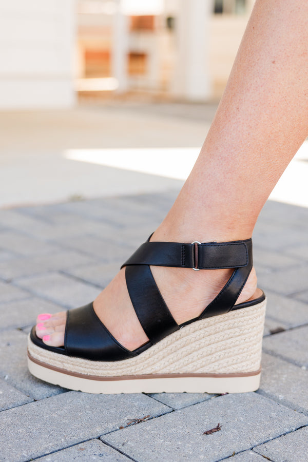 Chic Soul plus size clothing, black strappy wedges with espadrille wedge with silver buckle