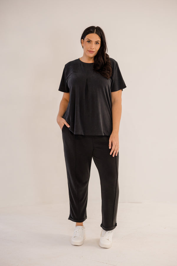 Chic Soul plus size clothing, black short sleeve flowy top with pleated detail with round neckline
