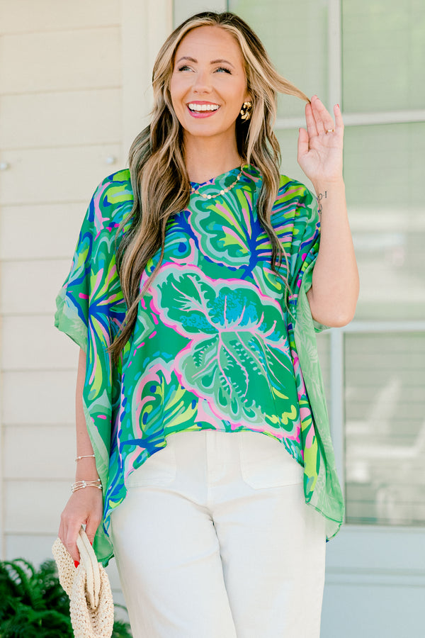 Chic Soul plus size clothing, shamrock green short sleeve tunic with large cobalt and pink leaf pattern 