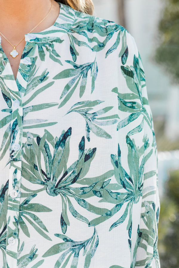 Chic Soul plus size clothing, Green long sleeve button-up top with a leaf pattern 