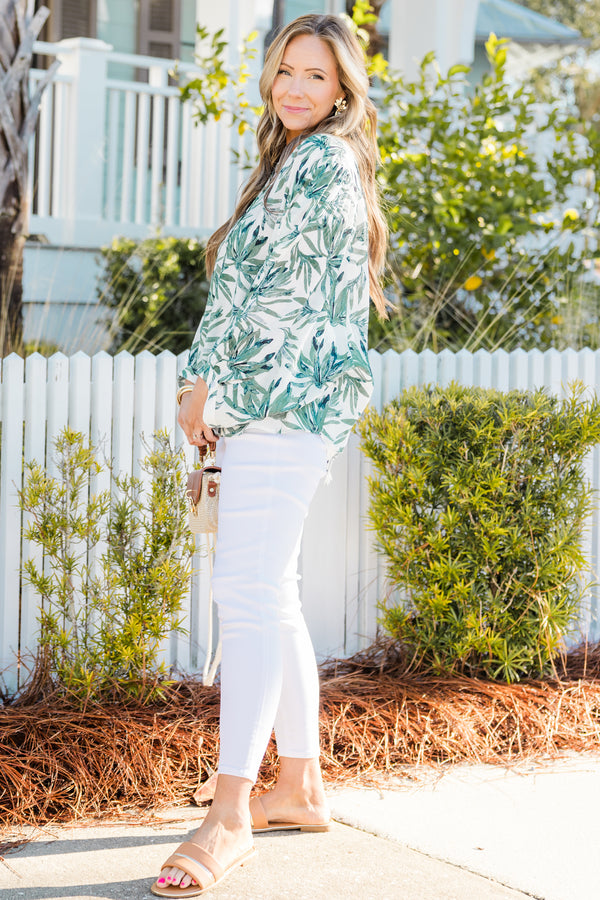 Chic Soul plus size clothing, Green long sleeve button-up top with a leaf pattern 