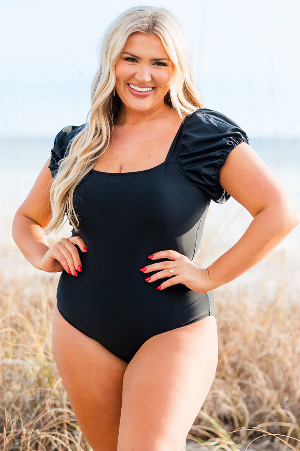 Chic Soul plus size clothing, black one piece swimsuit with square neckline with black short sleeve puff sleeves