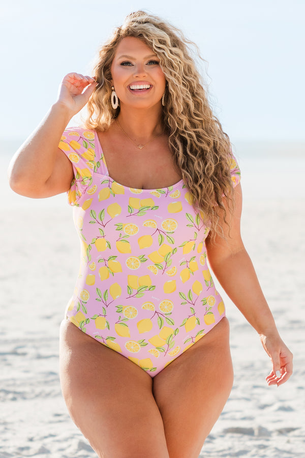Chic Soul plus size clothing, pink lemon print one piece swimsuit with square neckline and short puff sleeves