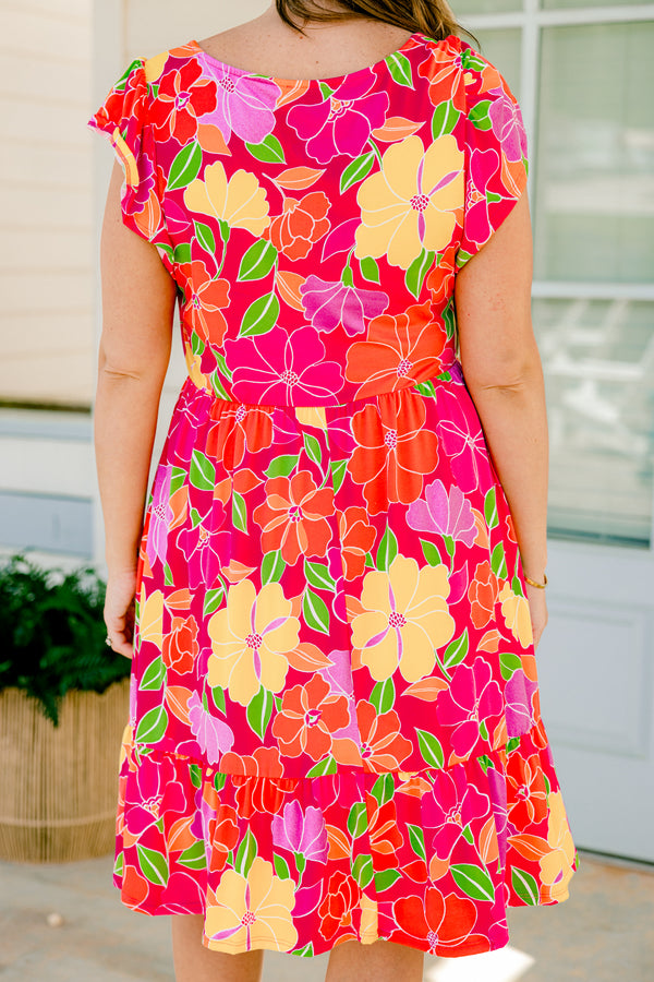 Chic Soul plus size clothing, fuchsia baby doll dress with a multi-color floral pattern, square neckline and cap sleeves 