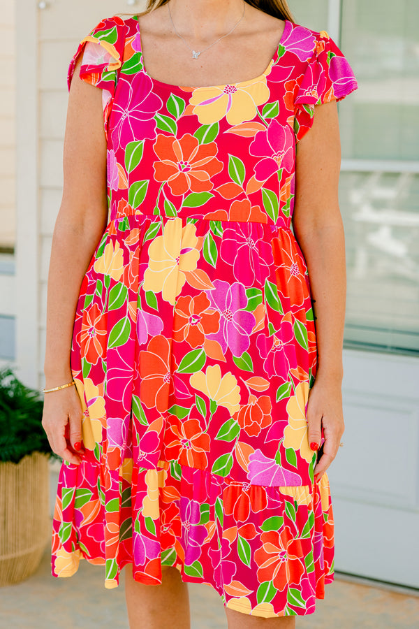 Chic Soul plus size clothing, fuchsia baby doll dress with a multi-color floral pattern, square neckline and cap sleeves 
