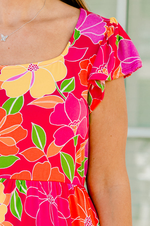 Chic Soul plus size clothing, fuchsia baby doll dress with a multi-color floral pattern, square neckline and cap sleeves 