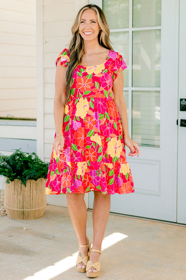 Chic Soul plus size clothing, fuchsia baby doll dress with a multi-color floral pattern, square neckline and cap sleeves 