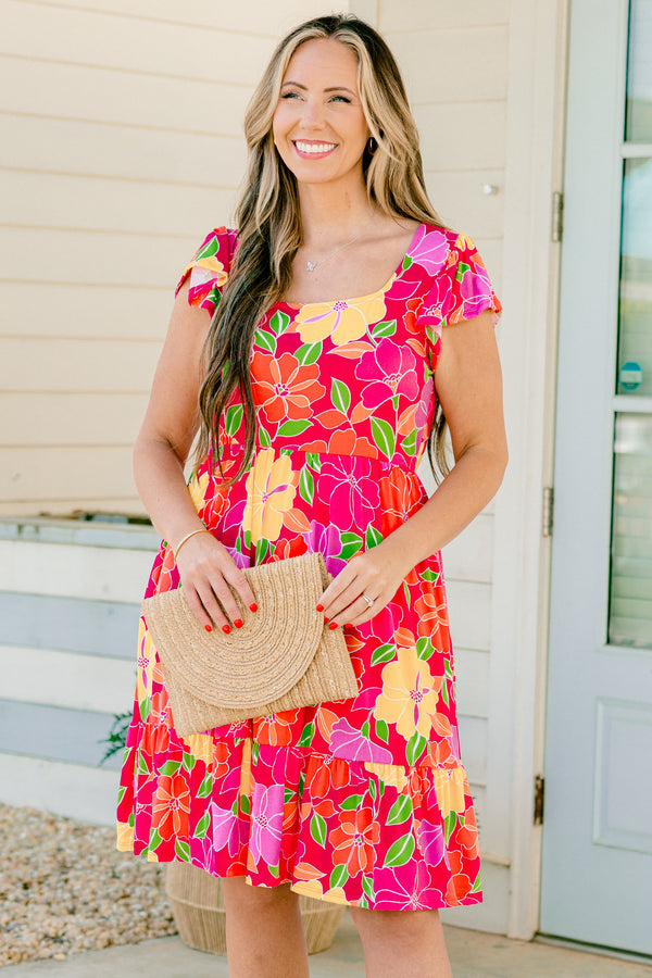 Chic Soul plus size clothing, fuchsia baby doll dress with a multi-color floral pattern, square neckline and cap sleeves 