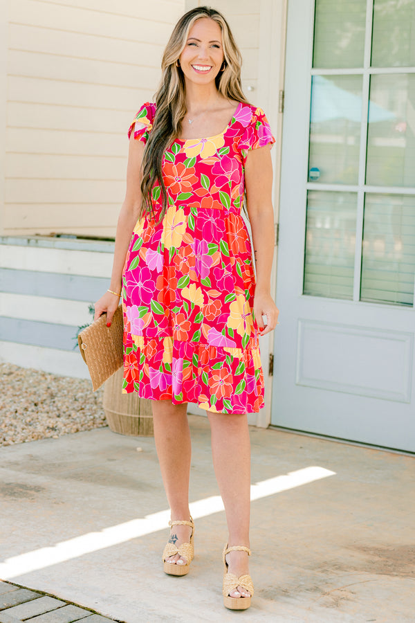Chic Soul plus size clothing, fuchsia baby doll dress with a multi-color floral pattern, square neckline and cap sleeves 