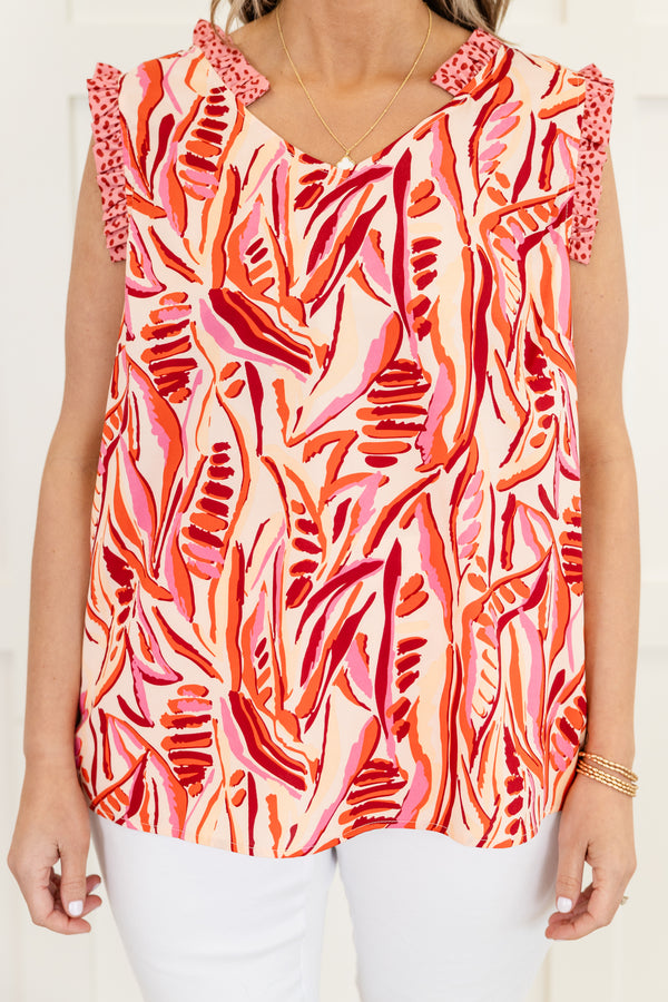 Chic soul plus size clothing, Beige tank with Red, pink, and orange abstract pattern and short flutter sleeves 