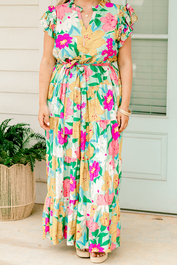 Chic Soul plus size clothing, multi color floral maxi dress with flutter sleeves and a belt that ties around the waist 