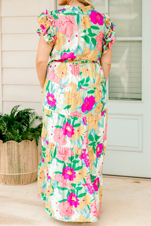 Chic Soul plus size clothing, multi color floral maxi dress with flutter sleeves and a belt that ties around the waist 
