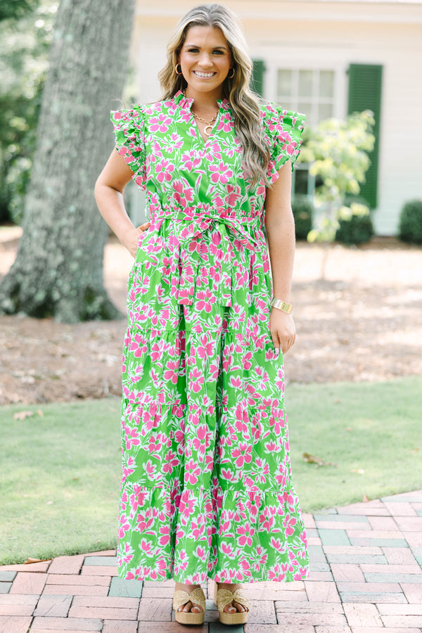 Chic Soul plus size clothing, green v-neck flutter short sleeve maxi dress with pink floral print