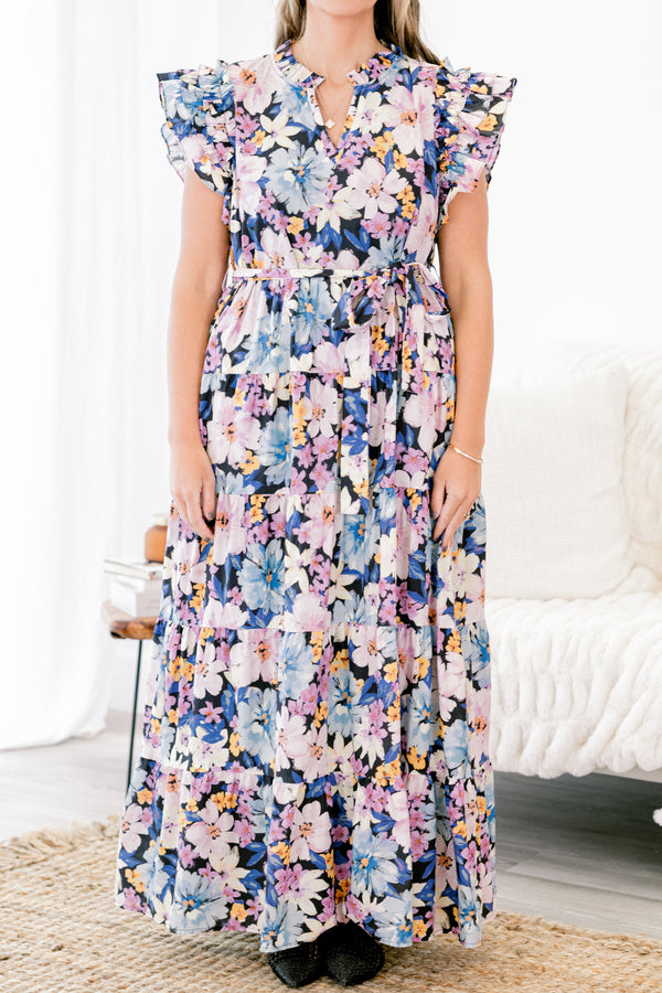 Plus Size navy floral tiered maxi dress with flutter sleeves, a split v-neck, and a waist sash.