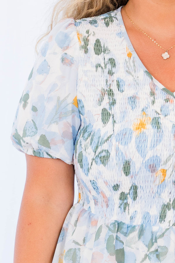 Chic Soul plus size clothing, short-sleeve blue ruffled baby doll top with smocked bodice and blue floral pattern