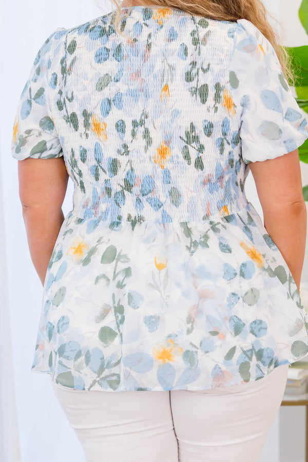 Chic Soul plus size clothing, short-sleeve blue ruffled baby doll top with smocked bodice and blue floral pattern
