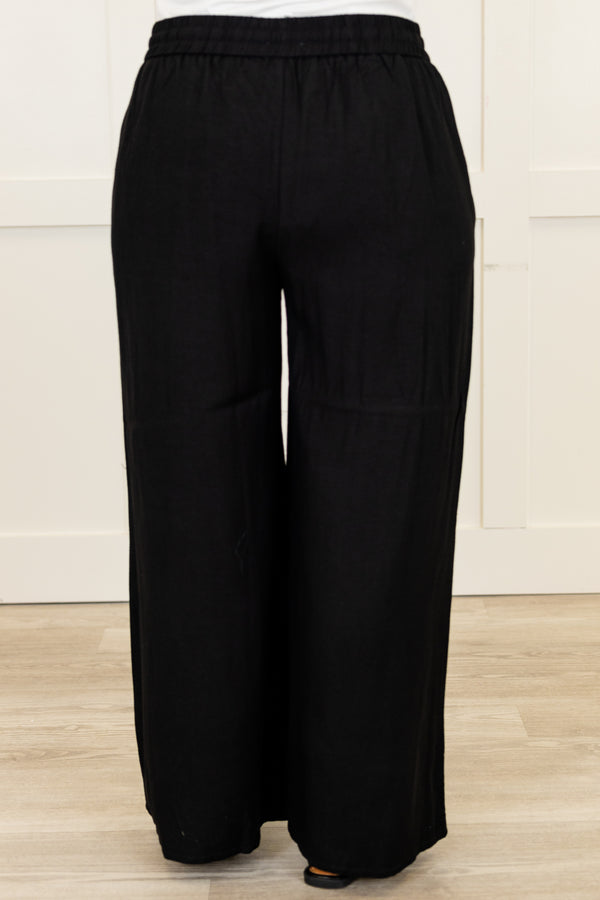 Chic Soul plus size clothing, black long wide leg flowy pants with stretchy tie detail waistband